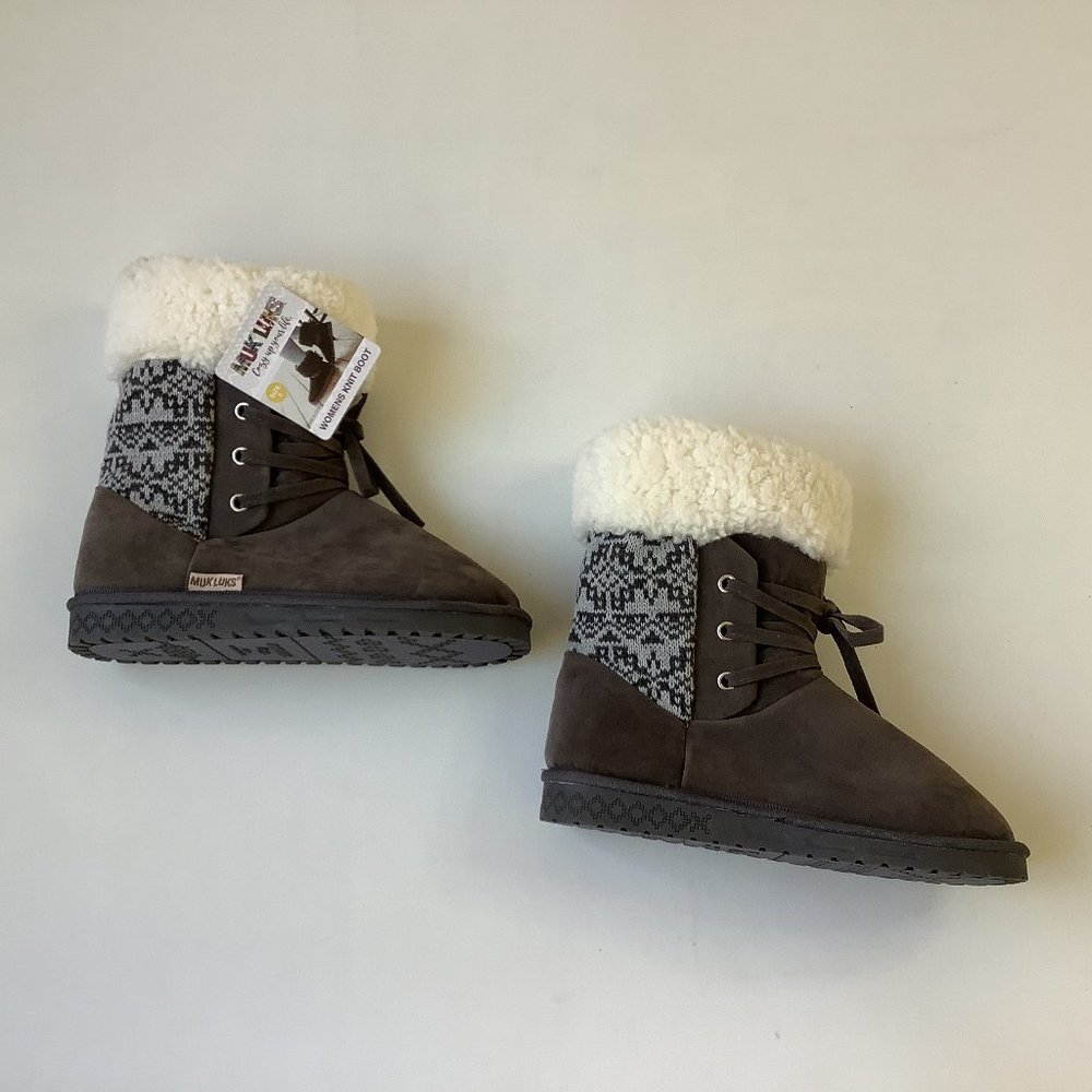Muk Luks Grey Cozy Knit Faux Fur Lined Lace Up Booties Size 8